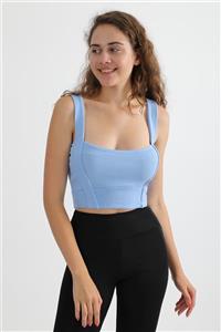 MD trend Kadın Mavi Kare Yaka Sırt Detaylı Askılı Fitilli Basic Crop Atlet
