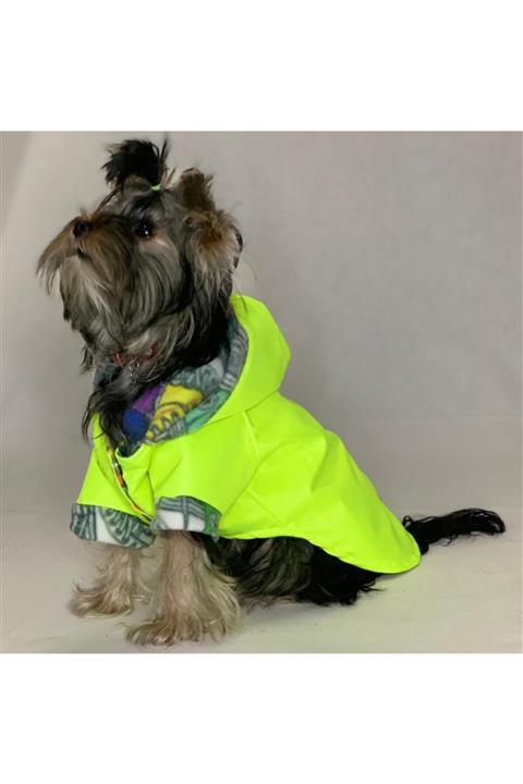 MAXSTYLESPET Yeşil Neon Içi Desenli Polarlı Yağmurluk Su Geçirmez Kedi Köpek Kıyafeti