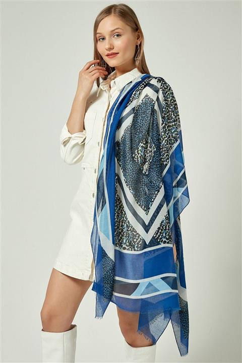 Axesoire 13081 Leopar Geometrik Desenli Sax Mavi Şal