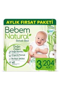 Bebem Natural Bebek Bezi 3 Beden Midi Aylık Fırsat Paketi 204 Adet