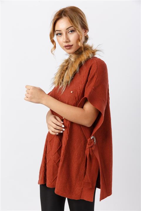 FTZ Kadın Kiremit Yakası Tüylü Desenli Panço