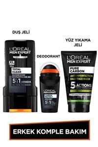 L'Oreal Paris Men Expert Erkek Komple Bakım Seti Kömürlü Yüz Yıkama Jeli 100ml + Total Clean Duş Jeli 300 Ml+ Roll On