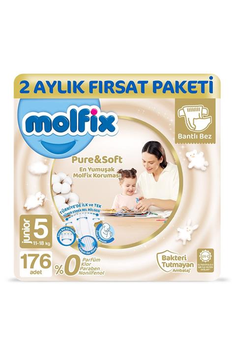 Molfix Pure&Soft Bebek Bezi 5 Beden Junior 2 Aylık Fırsat Paketi 176 Adet