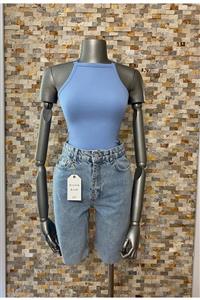 Dilvin 3804 Aksesuarlı Crop Top- Mavi