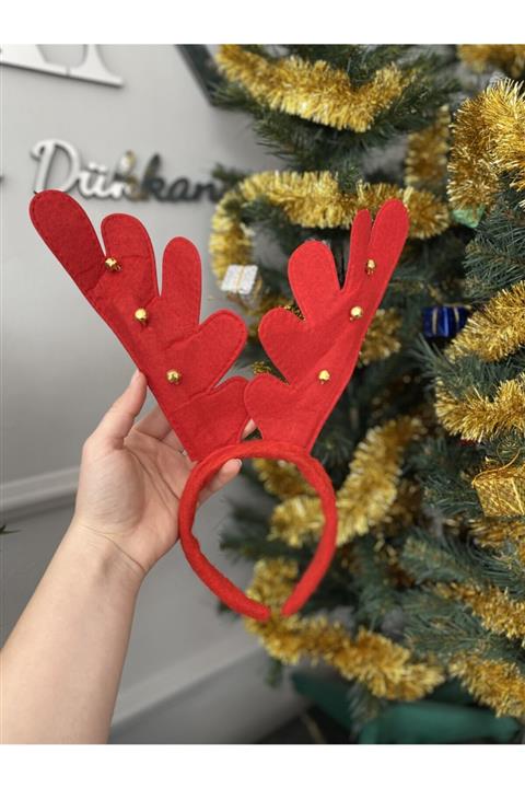 Elysian Yılbaşı Geyik Tacı 1 Adet Kırmızı Çıngıraklı Yılbaşı Tacı Noel Kostüm Taçları