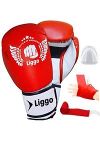 Liggo Kırmızı Boks Eldiveni Seti Bandaj Dişlik Kick Boks Muay Thai