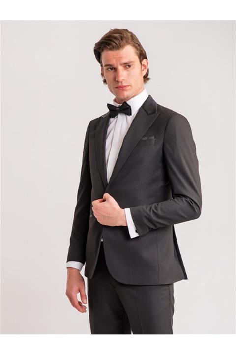 Dufy Siyah Armür Viskon Likra Karışımlı Erkek Smokin / Damatlık Takım - Modern Fit