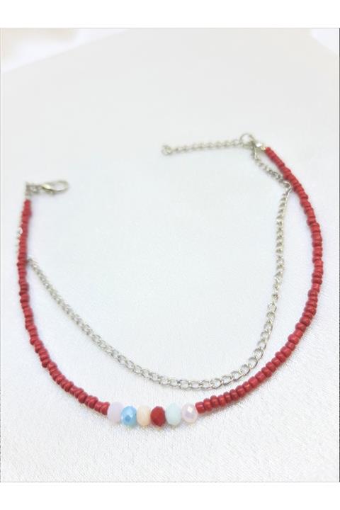 TÜKKAN ACCESSORİES Kırmızı Gümüş Kaplama Boncuk Zincirli Ikili Halhal
