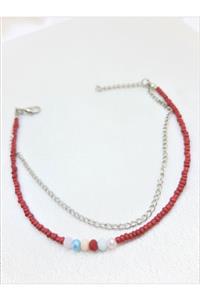 TÜKKAN ACCESSORİES Kırmızı Gümüş Kaplama Boncuk Zincirli Ikili Halhal