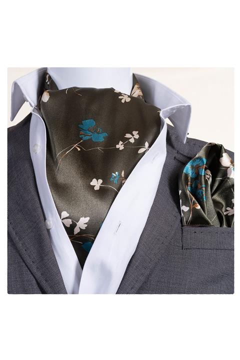 Exve Exclusive Zeytin Yeşili Çiçek Baskılı Fular Mendil Seti