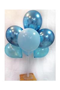 Parti dolabı 2 Adet 7'li Balon Standı Ve 14 Adet Krom Mavi - Pastel Mavi - Metalik Mavi Balon Set