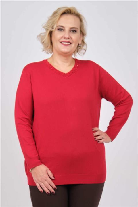 Desen Triko Kadın Yaka Detaylı Kazak 0247055 Kırmızı