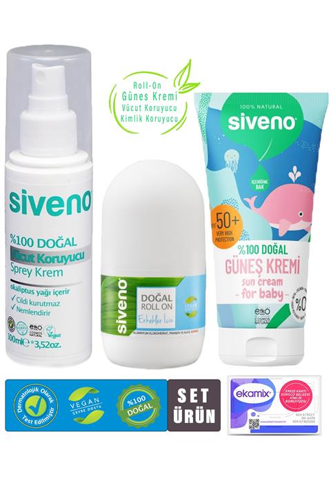 Siveno Doğal Set Vücut Koruyucu Krem 100ml Erkek Roll On Bebek Güneş Kremi Seti