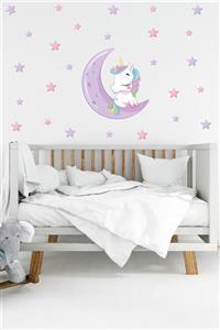 BK Decor Ayda Uyuyan Sevimli Unicorn Çocuk Odası Duvar Sticker