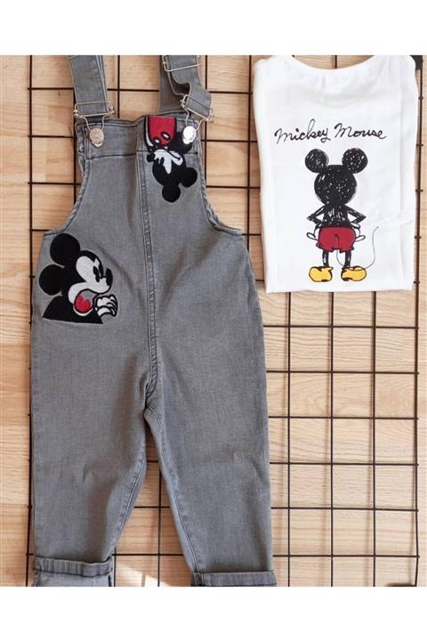 Pink Hippo Kids Mickey Mouse Detaylı Kot Salopet