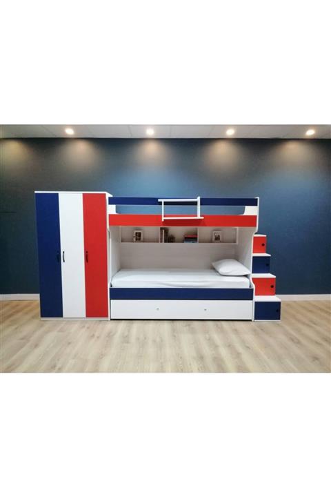 MEDEFE HOME Dolaplı,seyyar Merdivenli 3'lü Yavrulu Ranza