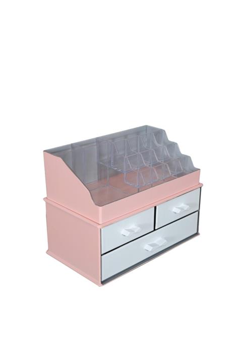 Bahat Elit Pembe Beyaz Çekmeceli Makyaj Kutusu Düzenleyici