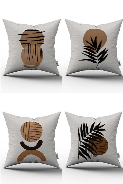 Cango Home Kahverengi Siyah Bohem Tarz Yaprak Desenli Dijital Baskılı Kırlent Yastık Kılıfı Seti 4kmbs113