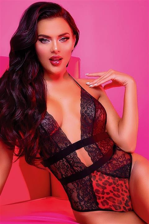 GRAND EFE Yılbaşı Özel Fantazie Kırmızı Leopar Desenli Siyah Dantel Babydoll