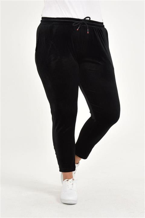 Mihra Stil Büyük Beden Kadife Siyah Eşofman Altı