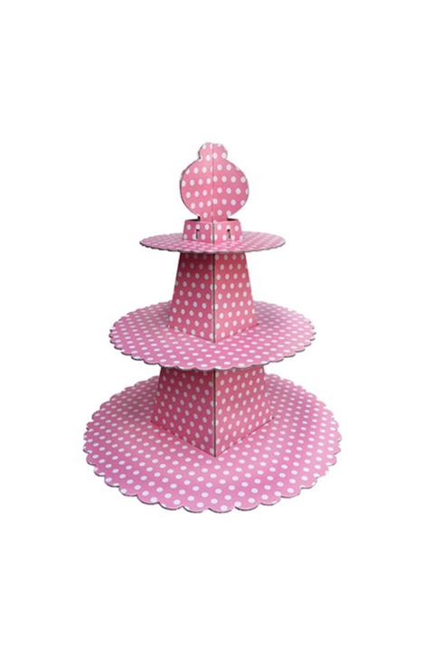 Eminonutoptanci Pembe Puantiyeli 3 Katlı Karton Cupcake Standı Piramit Modeli