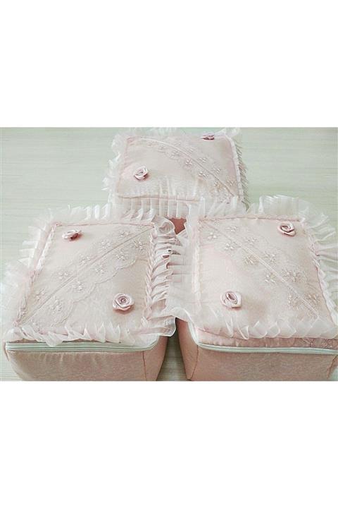 DİLEX Pudra Hurç Set Çeyizlik Bohça Gelin Bohçası Damat Bohçası Iğne Oyalı 3'lü