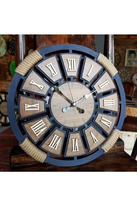 Dekoritim Halatlı Roma Rakamlı Ahşap Dekoratif Duvar Saati (lacivert-alize) (40x40)