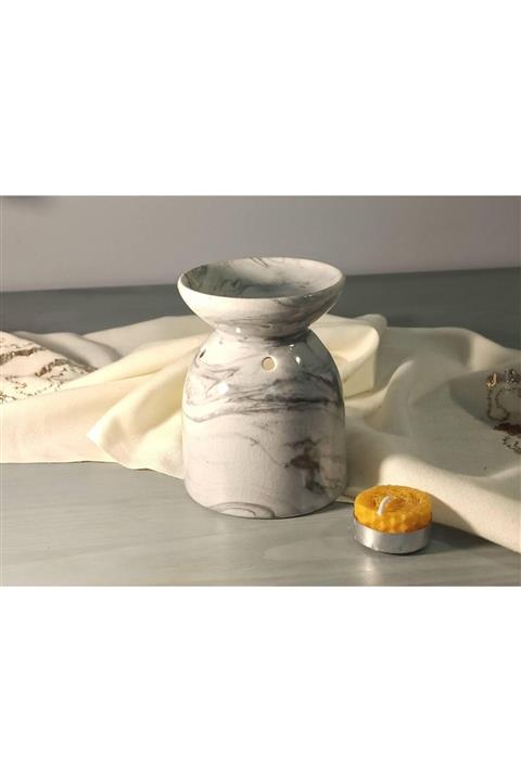TATALİKA Beyaz Gri Çatlak Görünümlü Buhurdanlık Ve Bir Adet Tealight Balmumu Seti
