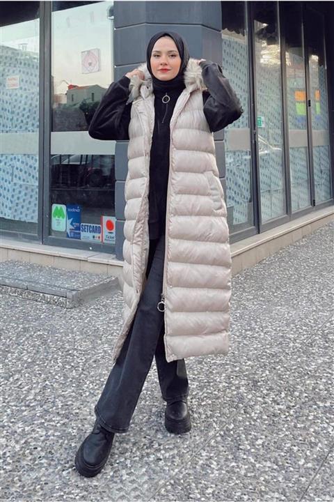 TRENDTESETTÜR Kürk Detaylı Kapüşonlu Şişme Yelek 841