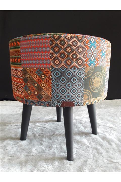 albatros collection Gürgen Ahşap Ayaklı Dekoratif Anemon Etnik Peçvörk Desenli Silindir Puf Bench Koltuk Sandalye