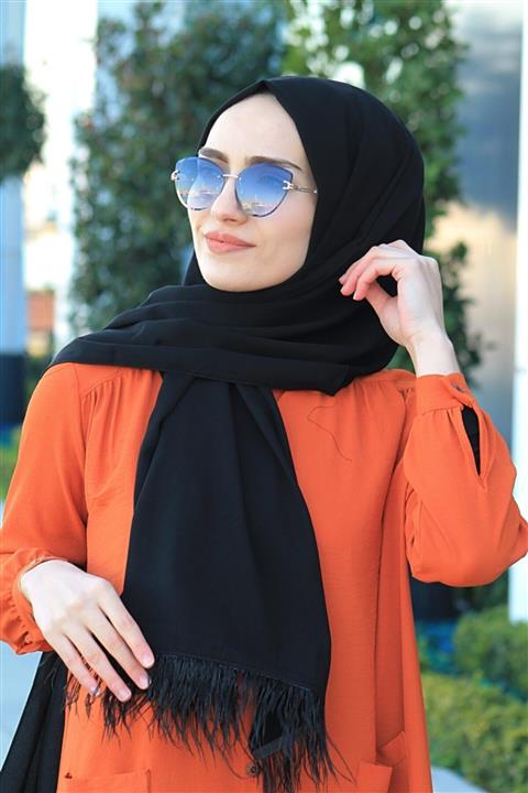 Balse Medine Ipeği Tüylü Şal Siyah