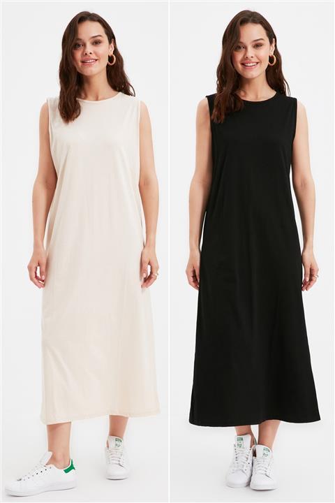 Trendyol Modest Siyah-Ten 2 li Paket %100 Pamuk Örme Elbise  TCTAW22UK0110