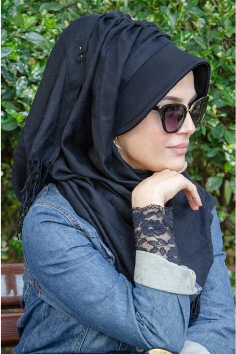 Aişe tesettür Siyah Şapkalı Şal