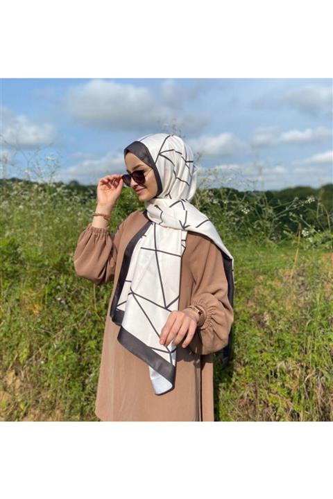 vera hijab Kadın Geometrik Desen Twill Şal Füme Krem Shawl Vr0051