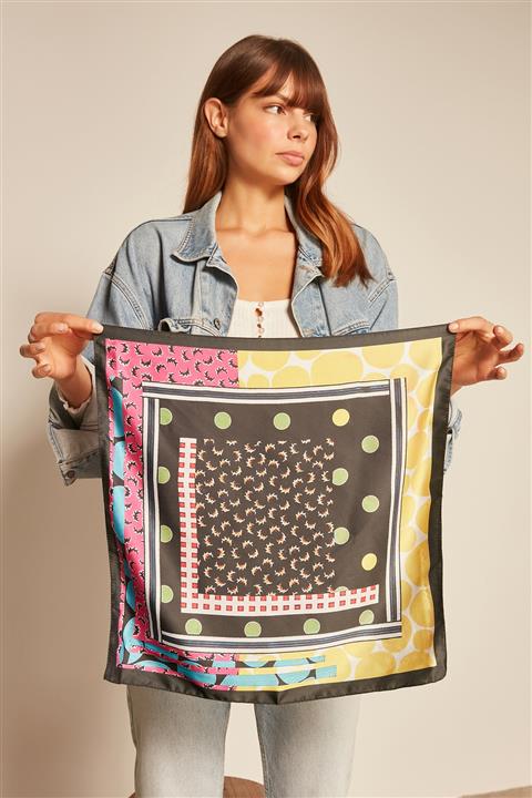 YLondon 13787 Geometrik Desenli Siyah Renkli Patchwork Bandana Fular