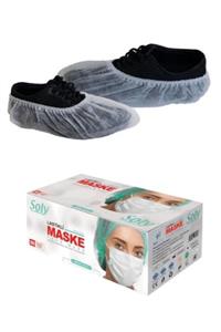 SOLY CARE Tela Galoş Beyaz Nonwoven 1000 Adet + 3 Katlı Meltblown Beyaz Maske 50 Adet