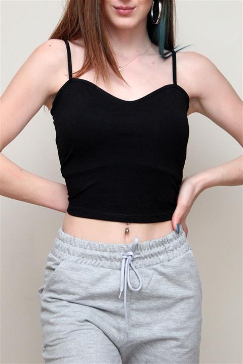 Orihime Kadın Siyah Kalp Yaka İnce Askılı Likralı Crop Atlet Ohm-rm17
