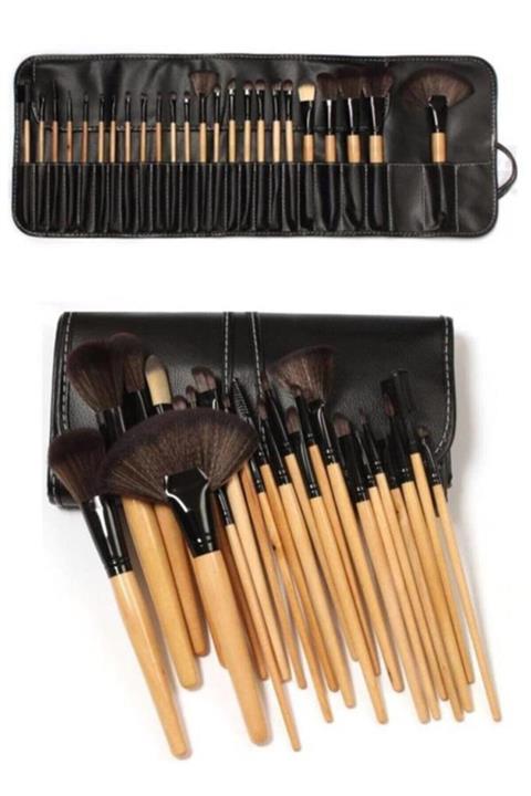 pazariz Profesyonel 24'lü Profesyonel Deri Çantalı Bambu Makyaj Fırça Seti