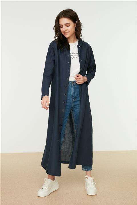 Trendyol Modest Lacivert Kiremit Kapüşonlu Çıtçıt Kapamalı Dokuma Kap & Ferace TCTSS21KF0006