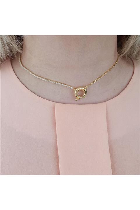 TonBright Köstek Kilit Model Sarı Altın Rengi Kadın Gümüş Choker Kolye