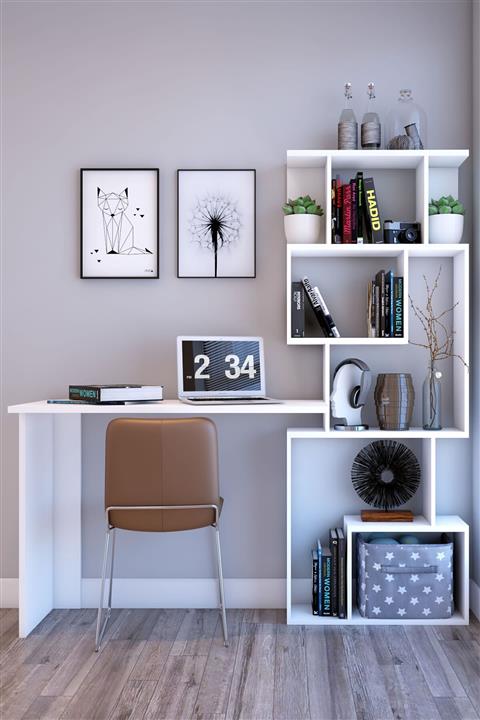 dekoronya Marla Kitaplıklı Fonksiyonel Çalışma Masası Beyaz