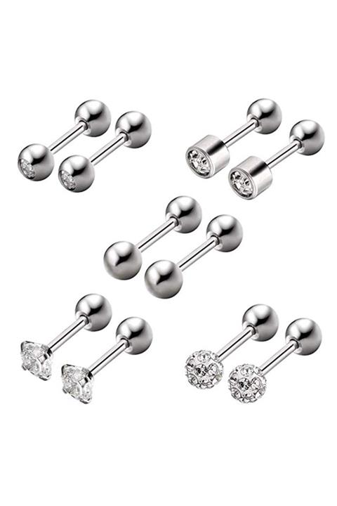 Chavin Gri Çelik 5 Takım Taşlı Küpe Piercing Eb61by