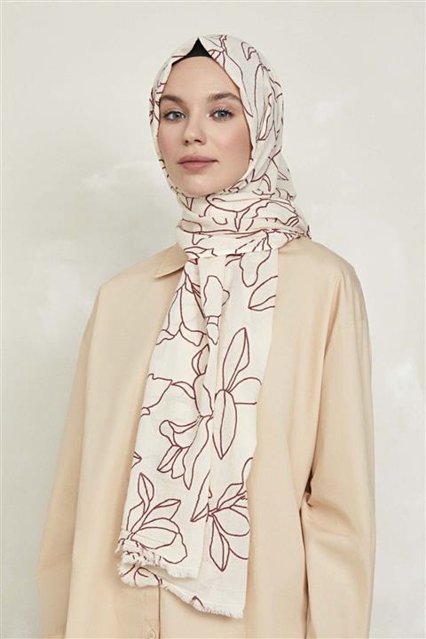 KALİLA Yaprak Desen %100 Pamuk Şal Bordo