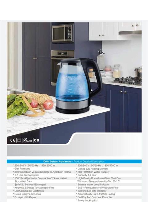 Rosse 1,7 Lt Led Mavi Işıklı Cam Kettle Paslanmaz Çelık Kapaklı Su Isıtıcısı