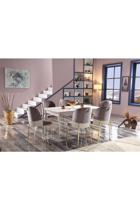 AVVİO HALI Barcelona Vizon Beyaz Gold Yemek Masası