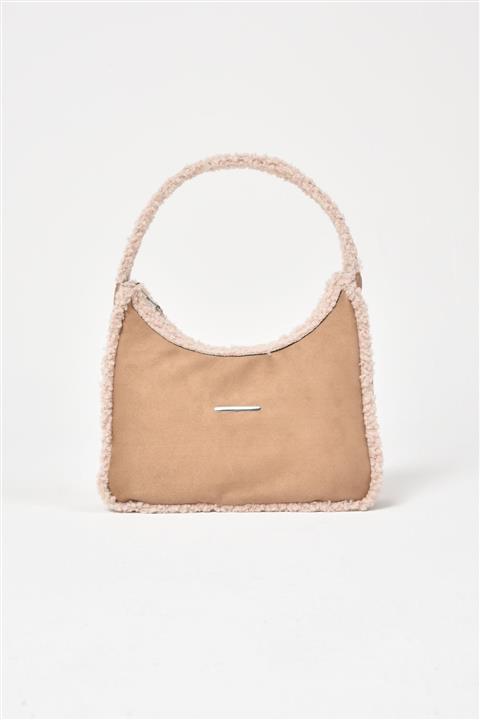 Ludo Vico Kadın Askılı Çift Taraflı Yünlü Baguette Çanta Vizon