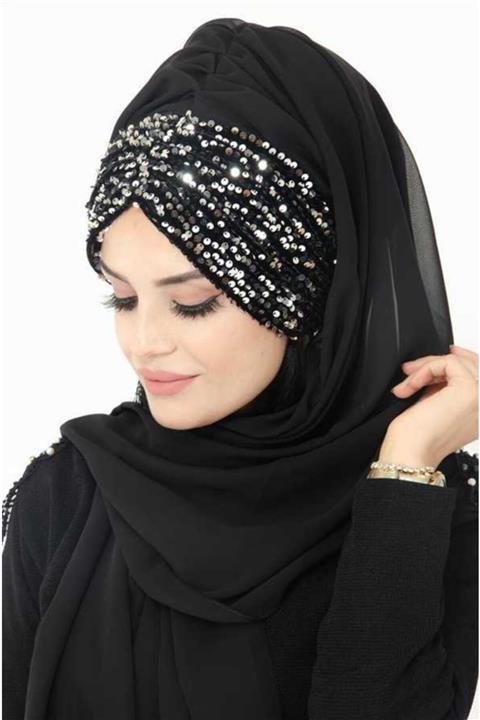 Aişe tesettür Kadın Gümüş Antrasit Pırıltı Detaylı Abiye Simli Şal