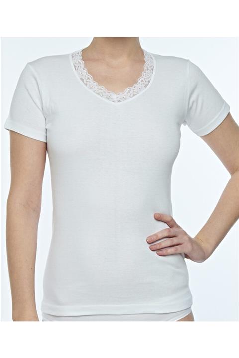 FSM1453 Kadın Beyaz Pamuklu Kısa Kollu Dantelli Atlet 6'Lı