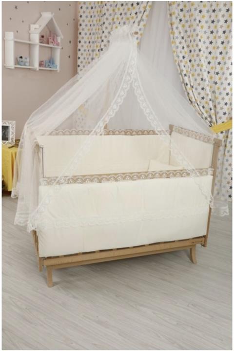 AKARAVM Cibinlikli Bebek Beşik Uyku Seti Beşik Örtüsü 60*120krem Su Taşlı Fransız Dantelli