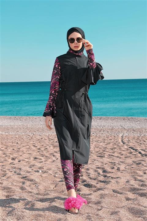 Moodbasic Kadın Siyah Renkli Zebra Tesettür Mayo